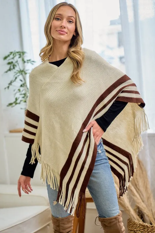 Beige Sweater Beige Solid Poncho With Fringe