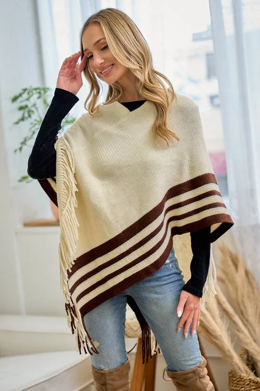 Beige Sweater Beige Solid Poncho With Fringe