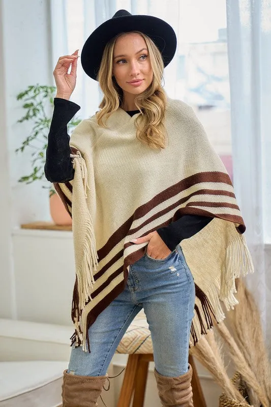 Beige Sweater Beige Solid Poncho With Fringe