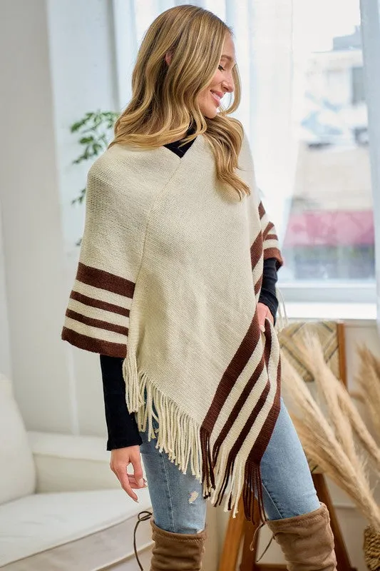 Beige Sweater Beige Solid Poncho With Fringe