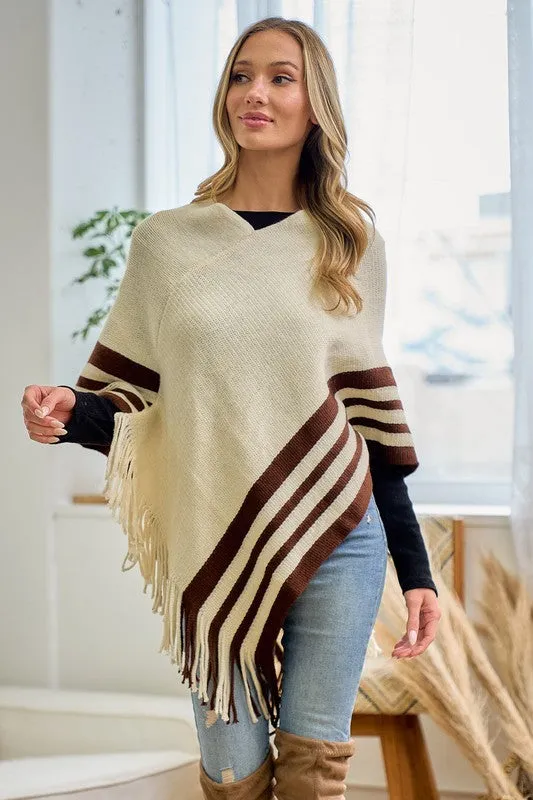 Beige Sweater Beige Solid Poncho With Fringe