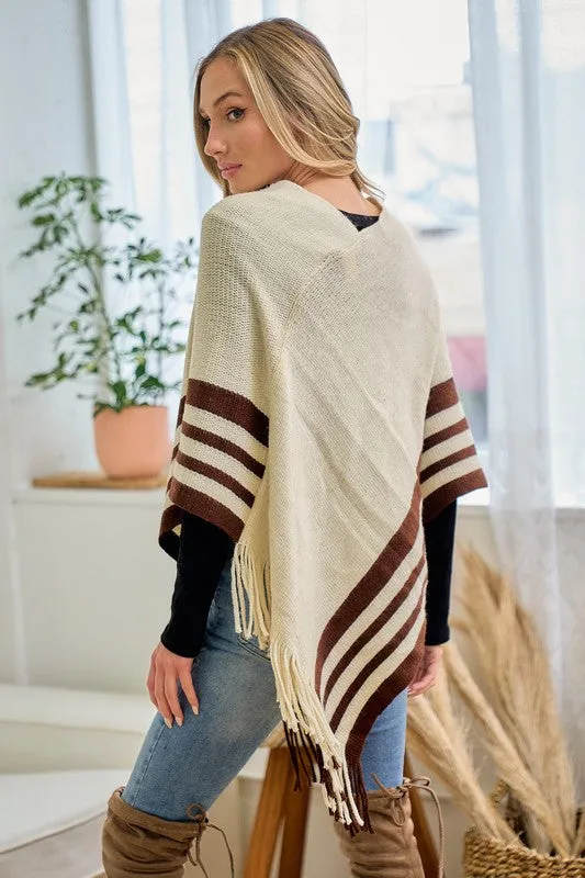 Beige Sweater Beige Solid Poncho With Fringe