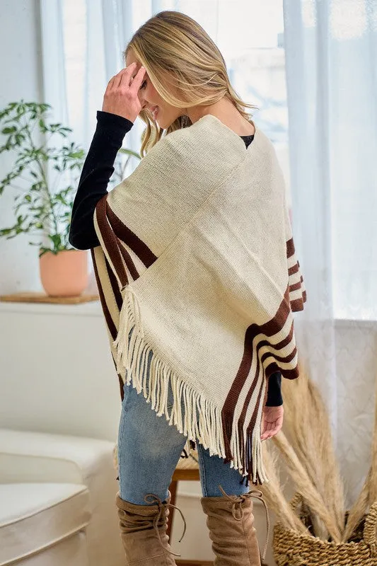 Beige Sweater Beige Solid Poncho With Fringe