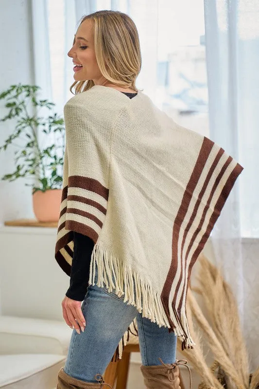 Beige Sweater Beige Solid Poncho With Fringe