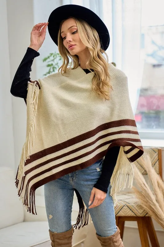 Beige Sweater Beige Solid Poncho With Fringe