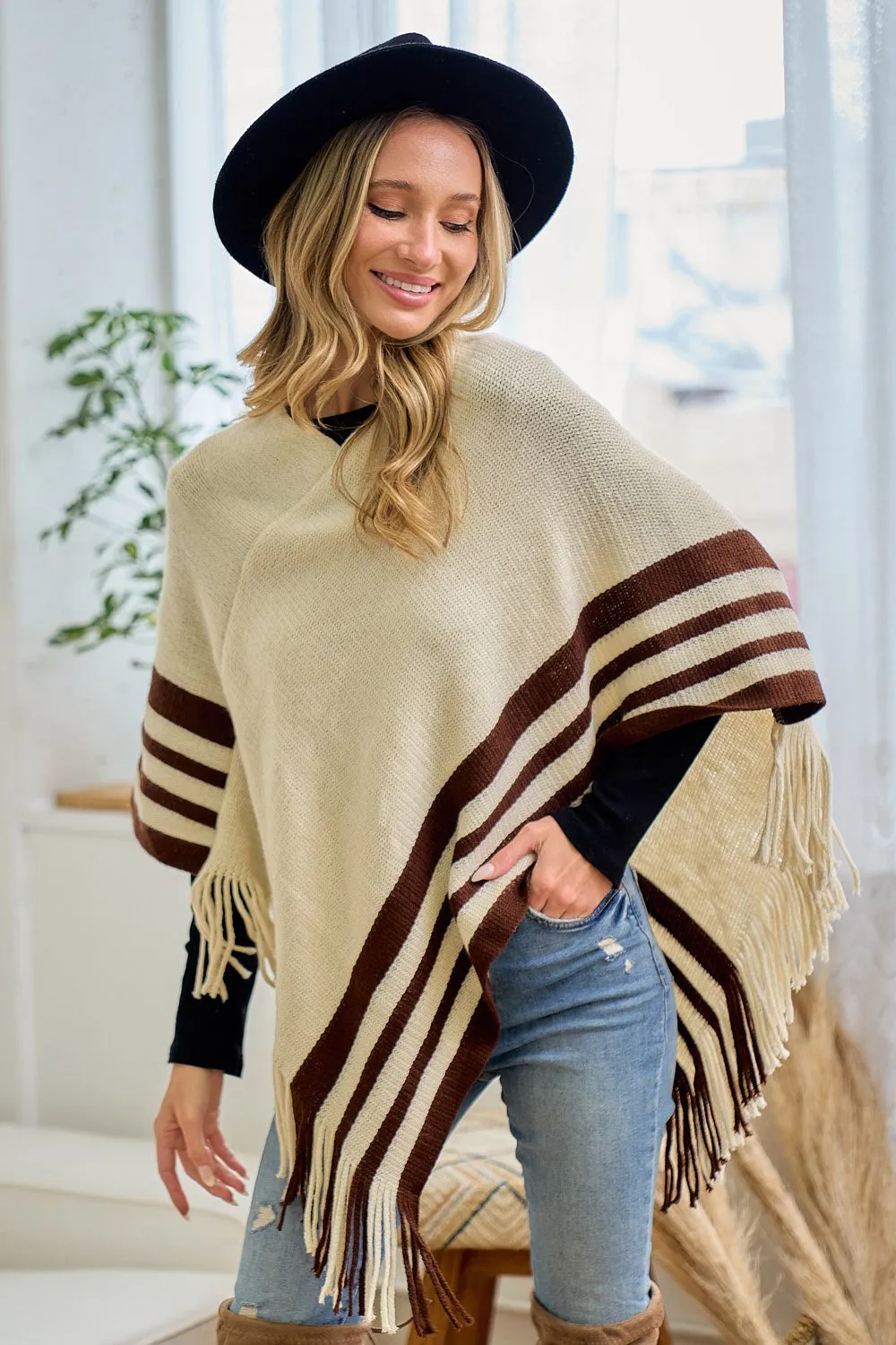 Beige Sweater Beige Solid Poncho With Fringe