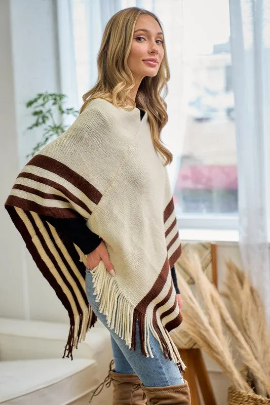 Beige Sweater Beige Solid Poncho With Fringe