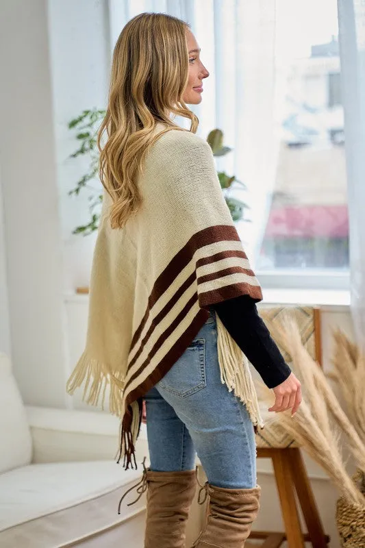 Beige Sweater Beige Solid Poncho With Fringe