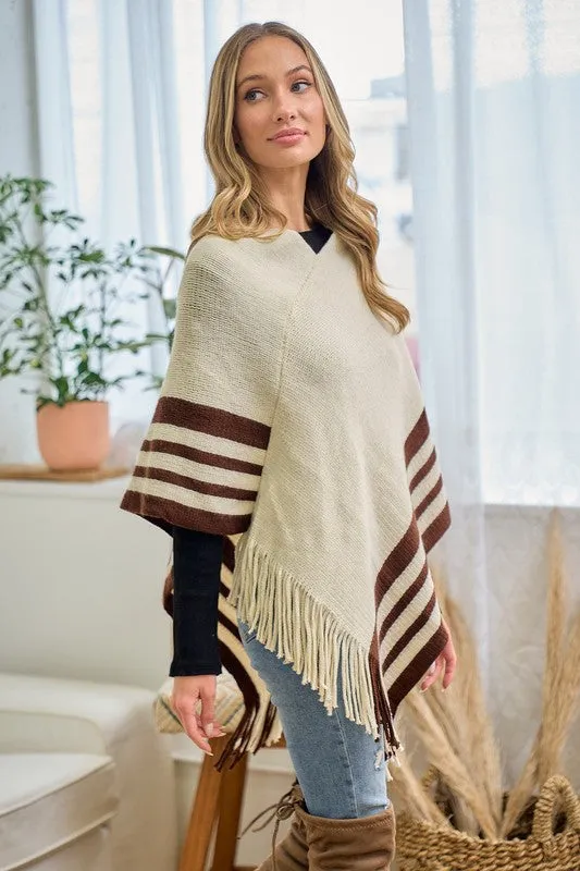 Beige Sweater Beige Solid Poncho With Fringe