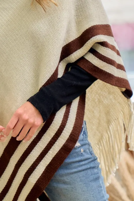 Beige Sweater Beige Solid Poncho With Fringe