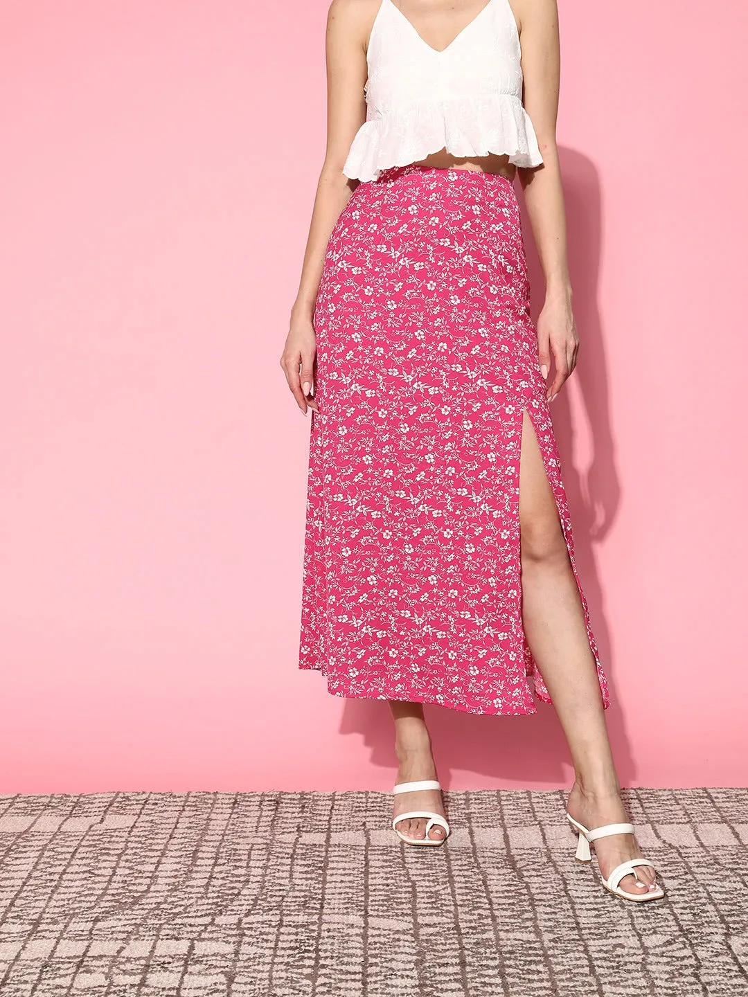 Berrylush Women Pink & White Floral Printed High-Rise Waist Side-Slit Flared A-Line Maxi Skirt