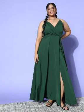 Berrylush Women Plus Size Solid Green V-Neck Sleeveless Crepe Thigh-High Slit Fit & Flare Wrap Maxi Dress