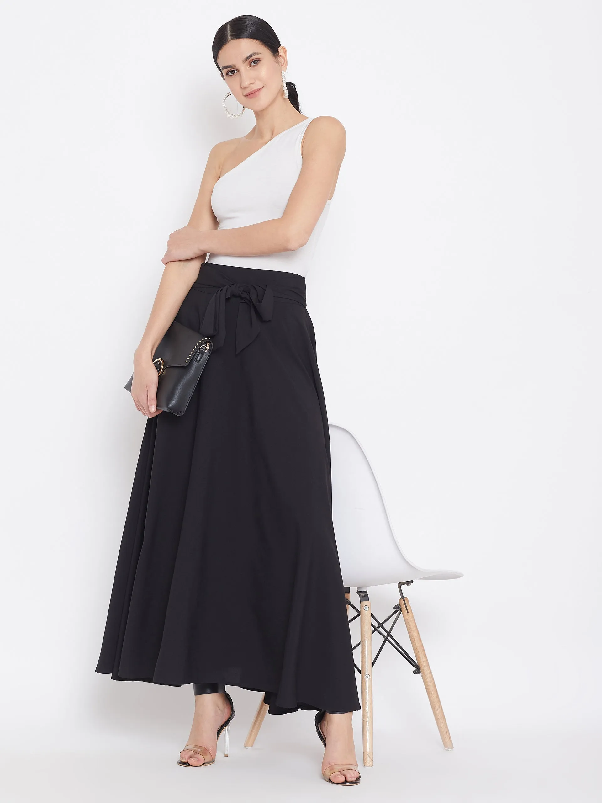 Berrylush Women Solid Black Bow-Tie High-Waist Maxi Skirt