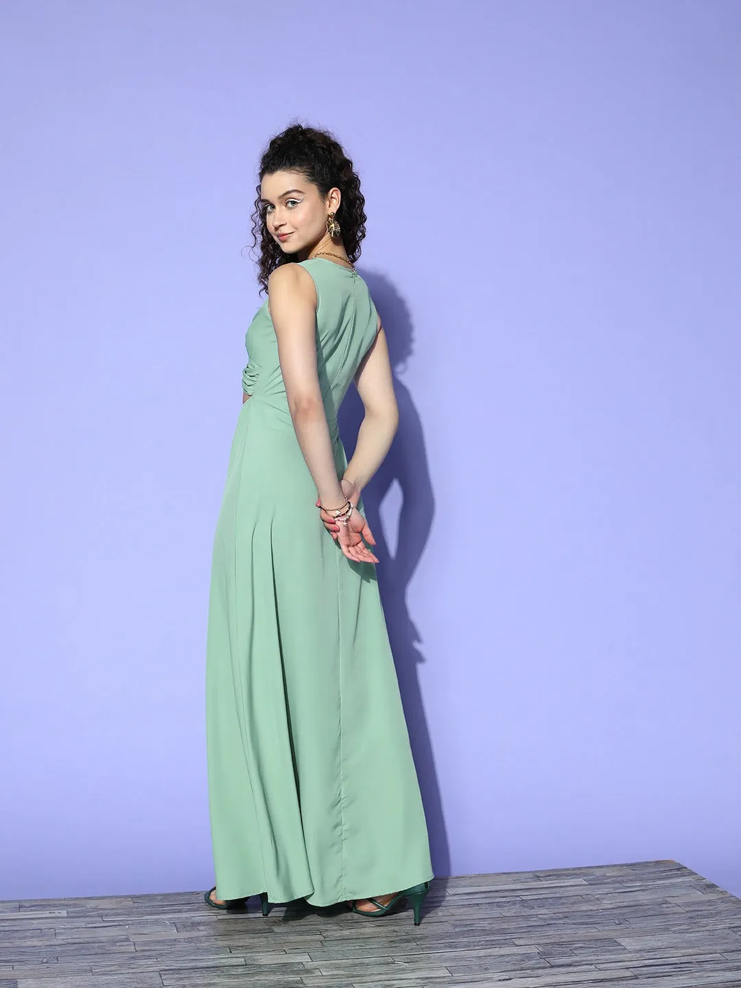 Berrylush Women Solid Green V-Neck Sleeveless Front Cutout Crepe Flared A-Line Maxi Dress