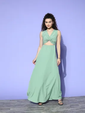 Berrylush Women Solid Green V-Neck Sleeveless Front Cutout Crepe Flared A-Line Maxi Dress