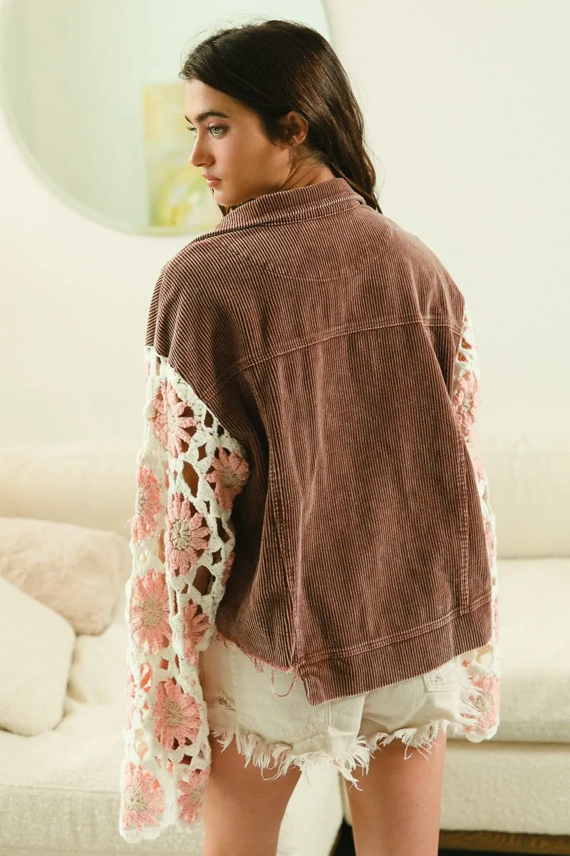 BiBi Corduroy Jacket with Crochet Flower Sleeves in Mocha/Blush ON ORDER