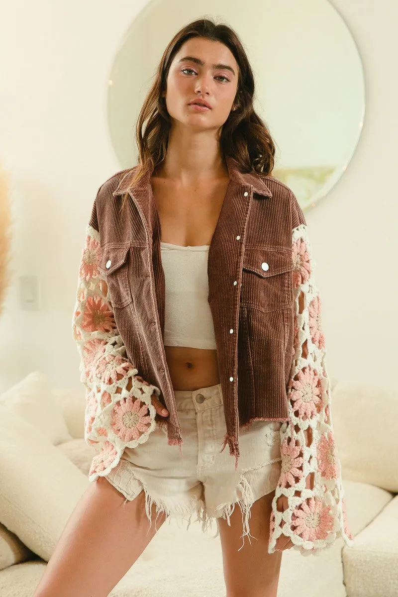 BiBi Corduroy Jacket with Crochet Flower Sleeves in Mocha/Blush ON ORDER