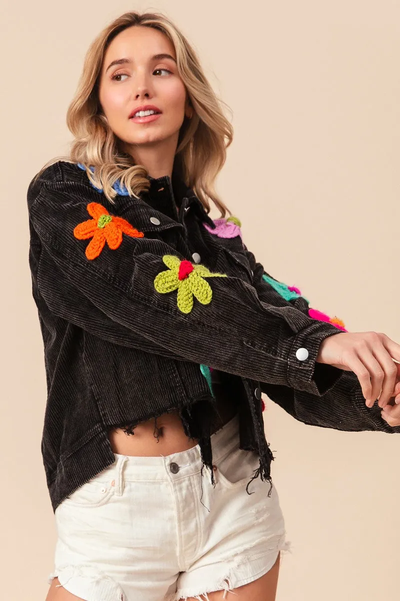 BiBi Corduroy Jacket with Multi Colored Flower Crochet Patches in Black Charcoal