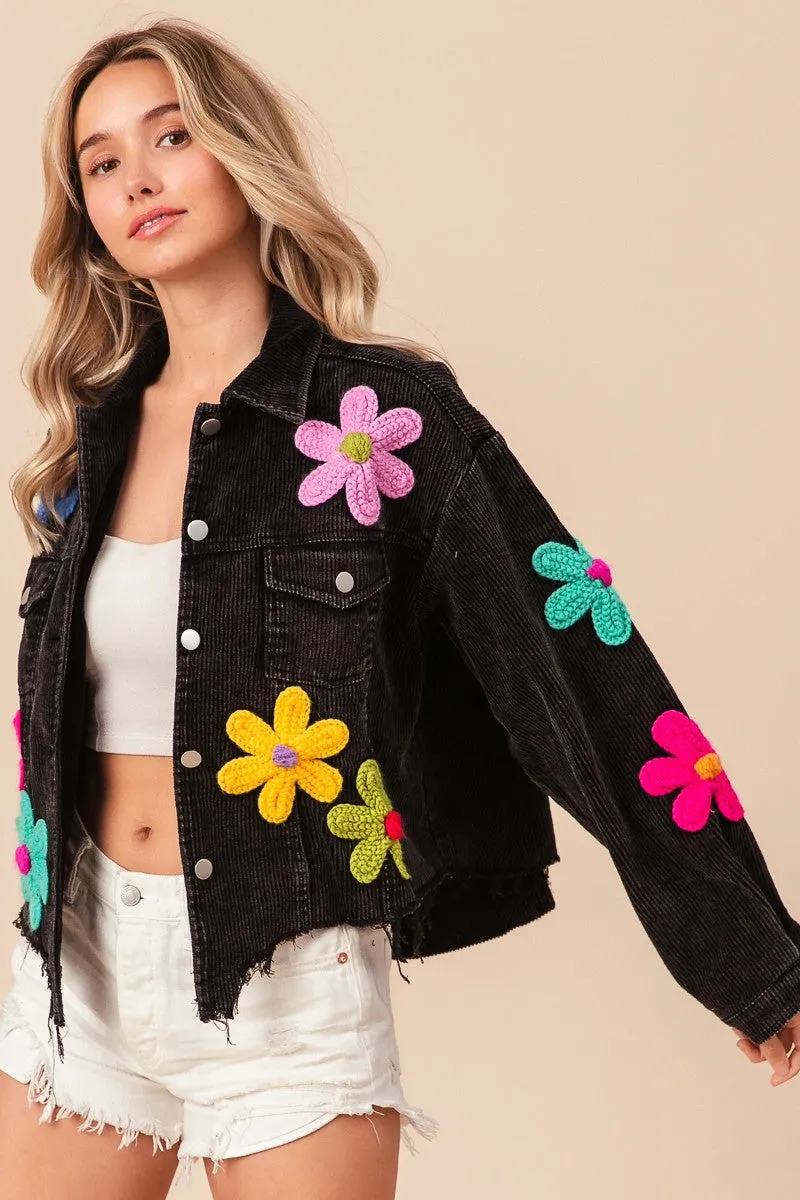 BiBi Corduroy Jacket with Multi Colored Flower Crochet Patches in Black Charcoal