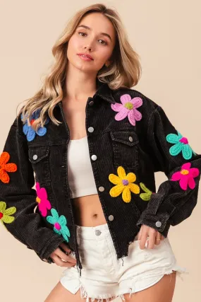 BiBi Corduroy Jacket with Multi Colored Flower Crochet Patches in Black Charcoal