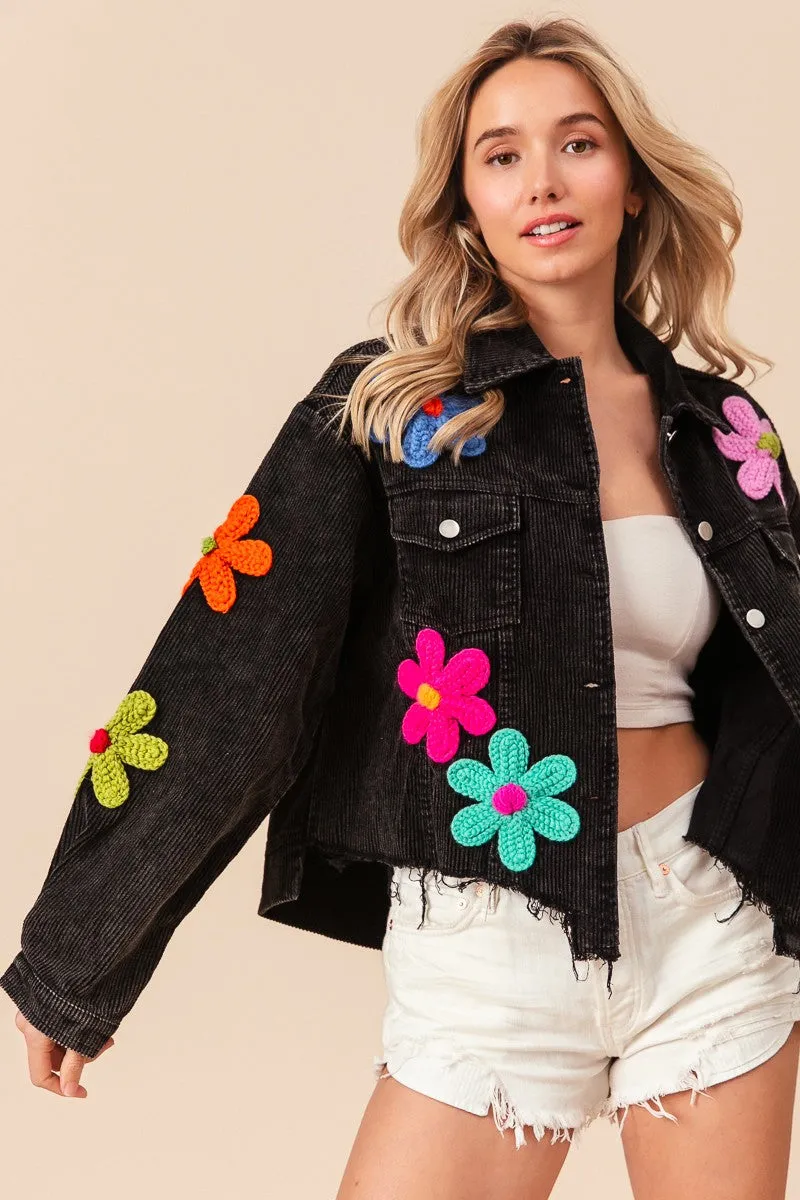 BiBi Corduroy Jacket with Multi Colored Flower Crochet Patches in Black Charcoal