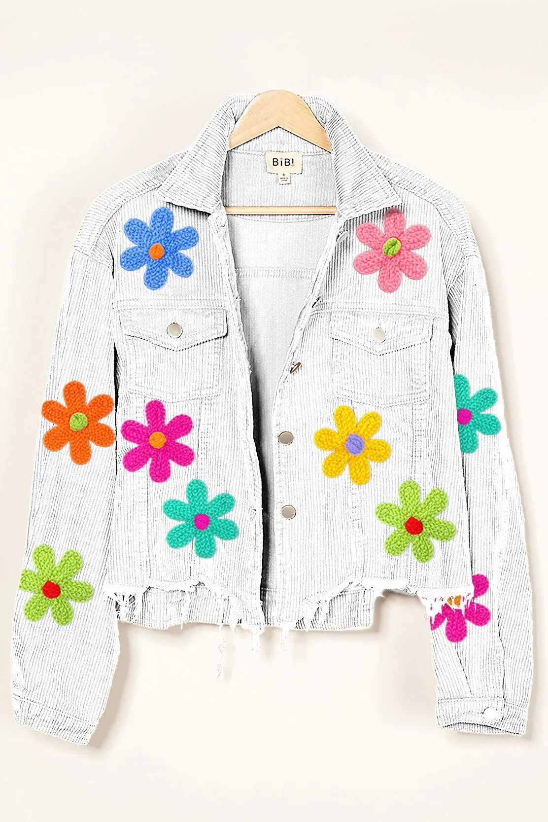 BiBi Corduroy Jacket with Multi Colored Flower Crochet Patches in Off White