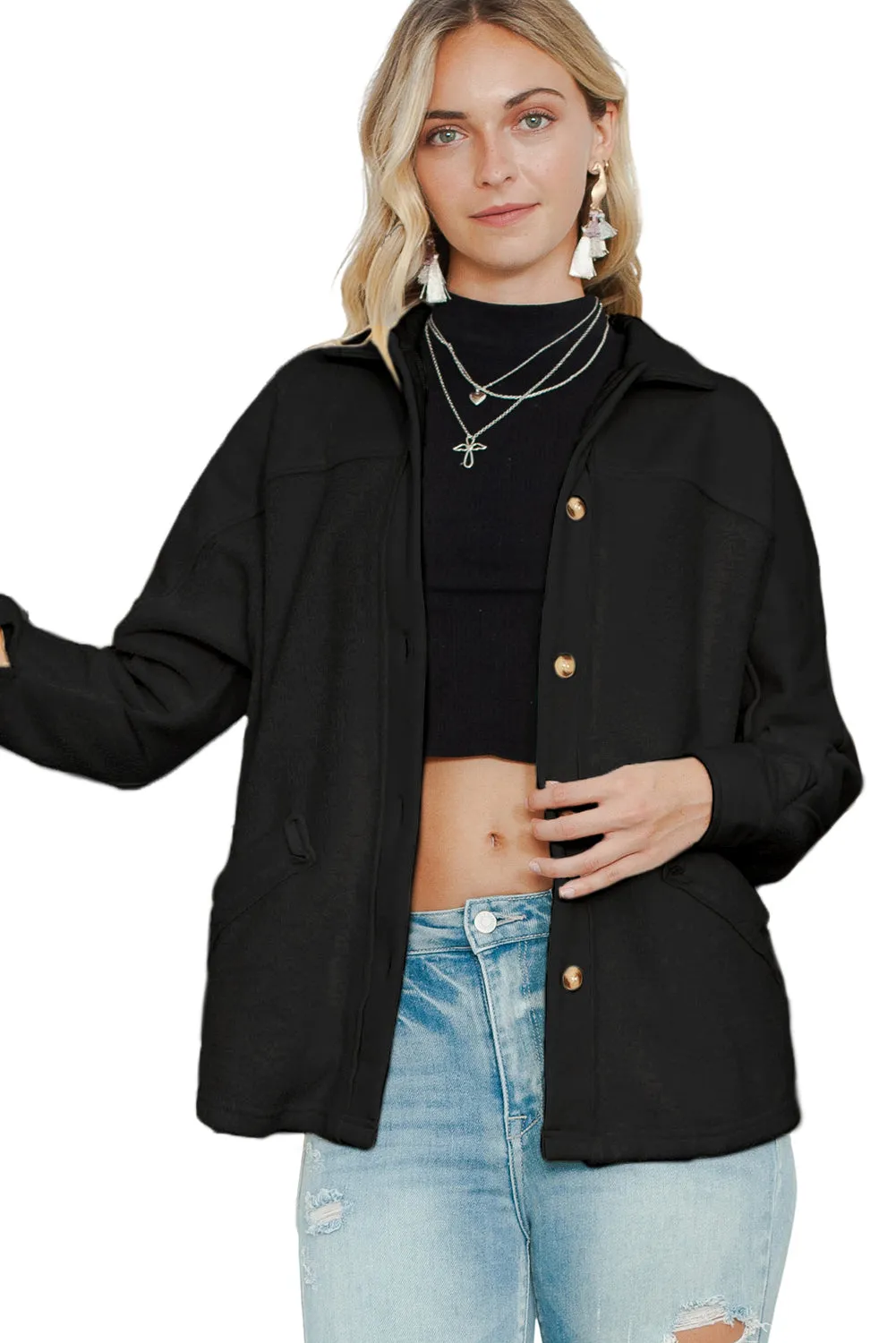 Black Button-Up Stitching Pocketed Shacket