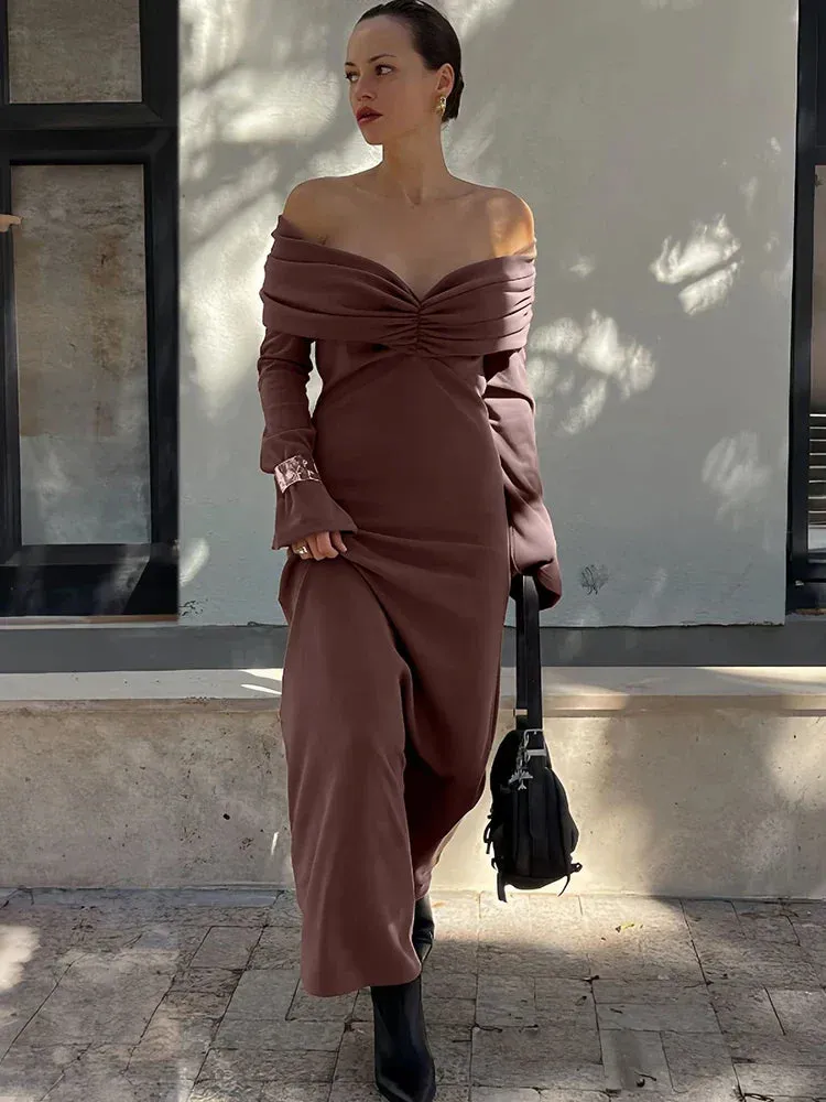 Black Friday Joskaa Elegant Brown Knitted Long Dress For Women One-shoulder Ruched Sexy Sweater Dress Slim Plunge Club Party Dress Female