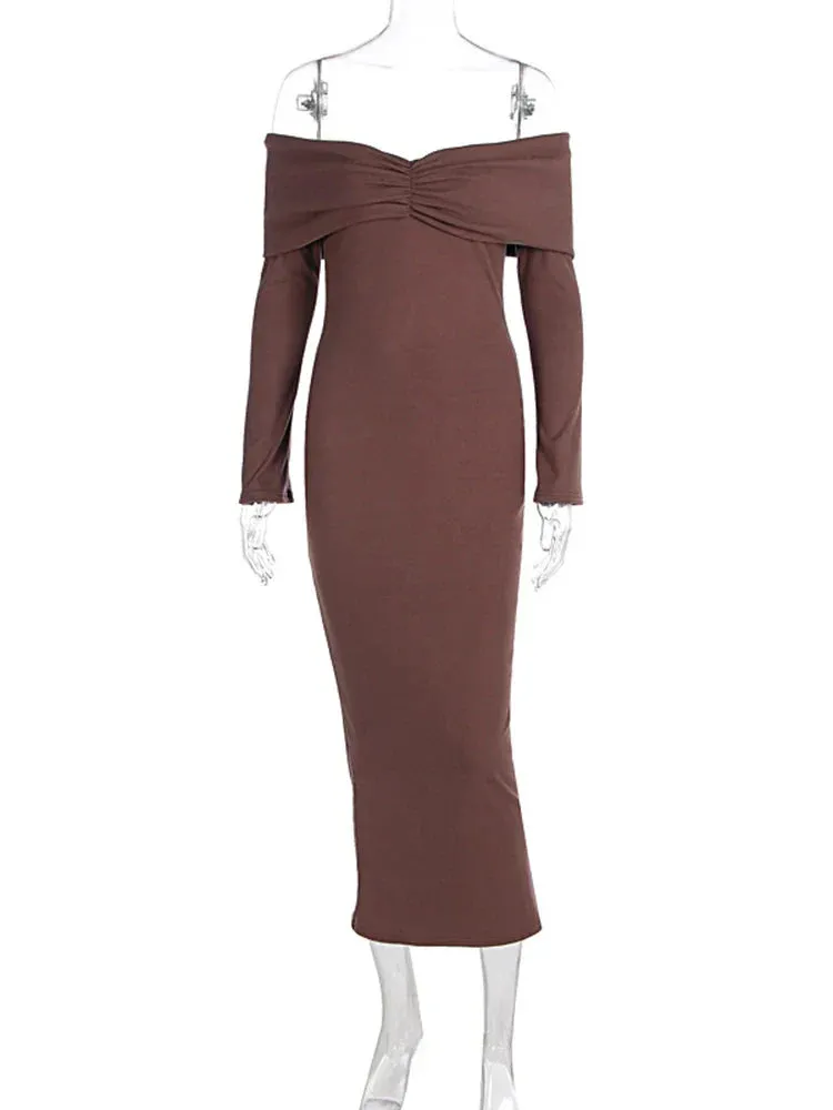 Black Friday Joskaa Elegant Brown Knitted Long Dress For Women One-shoulder Ruched Sexy Sweater Dress Slim Plunge Club Party Dress Female