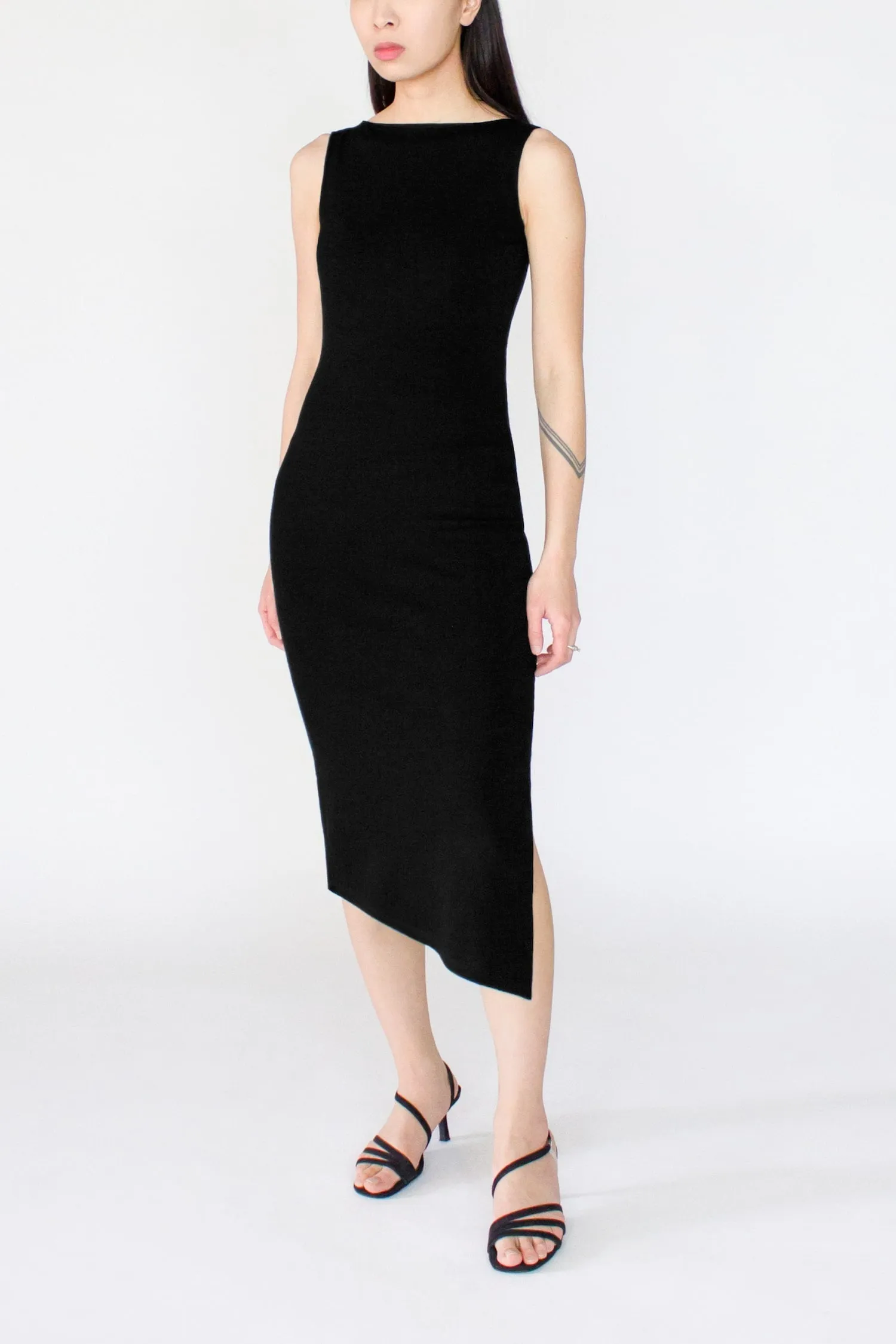 Black Merino Wool Midi Bodycon Dress -- Sleeveless