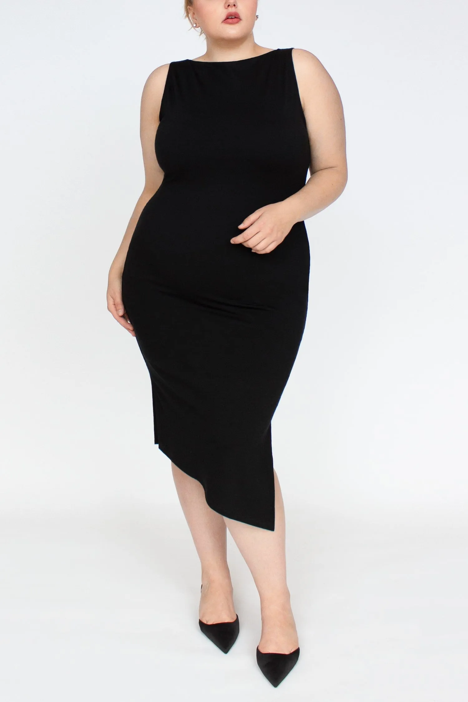 Black Merino Wool Midi Bodycon Dress -- Sleeveless