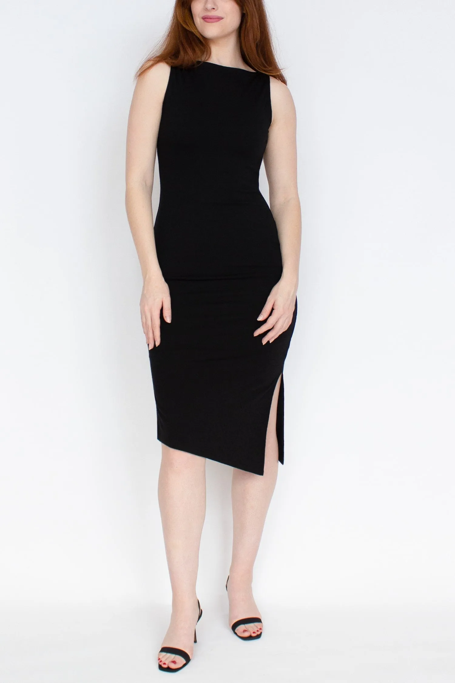 Black Merino Wool Midi Bodycon Dress -- Sleeveless