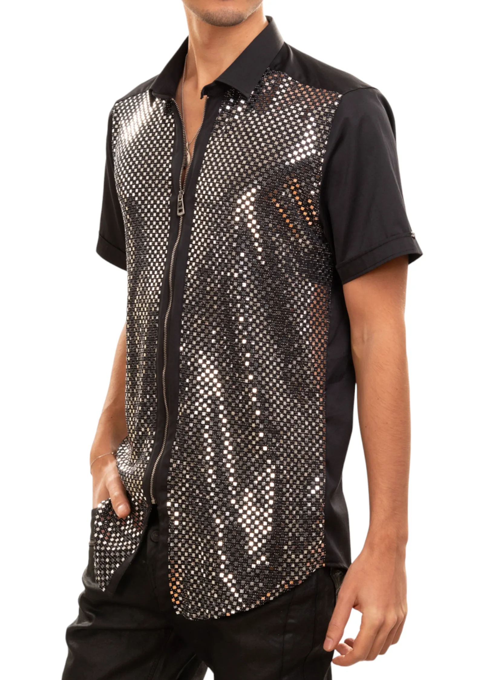 Black Silver Square Sequin Stretch Shirt