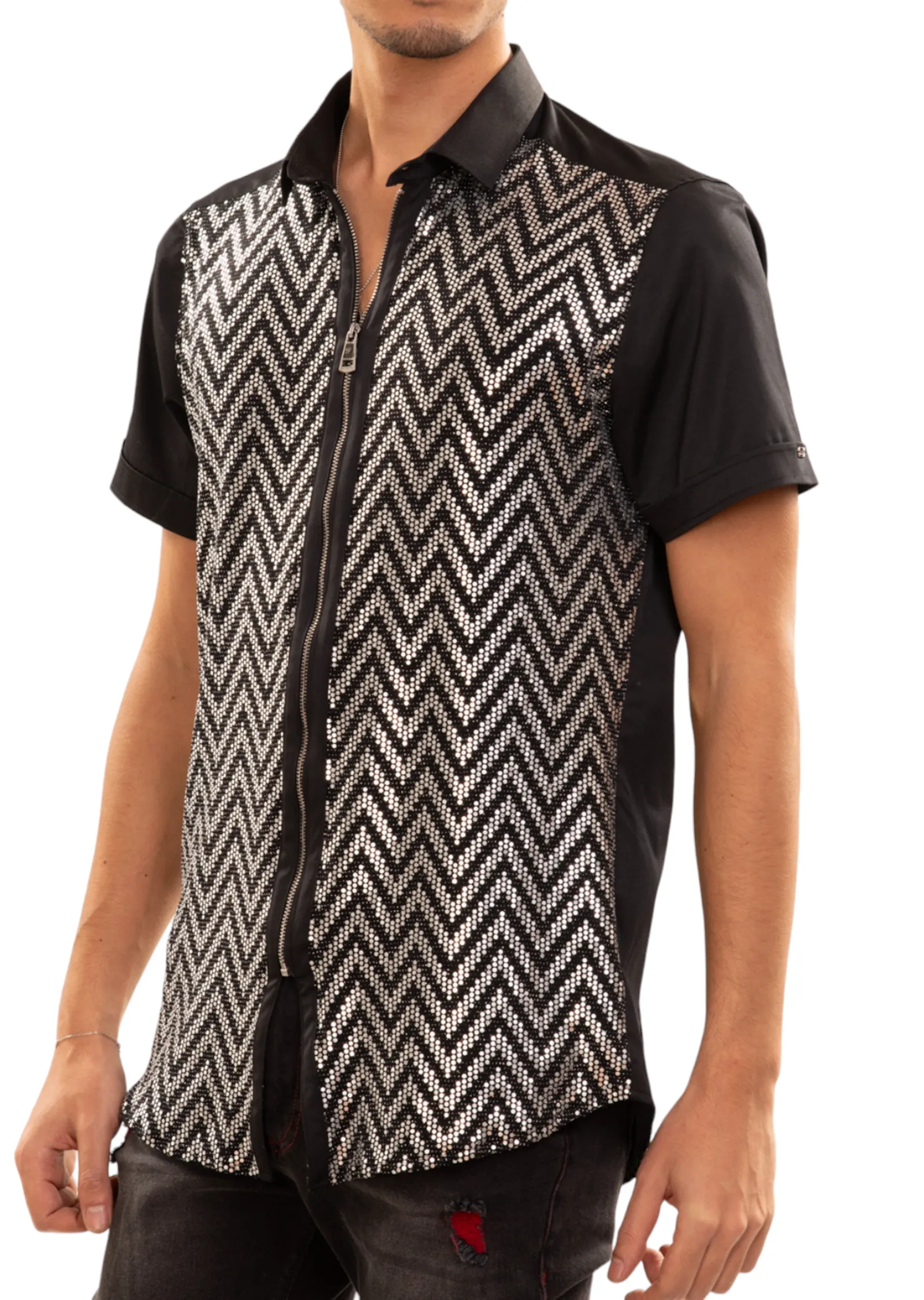 Black Silver Zigzag Sequin Stretch Shirt