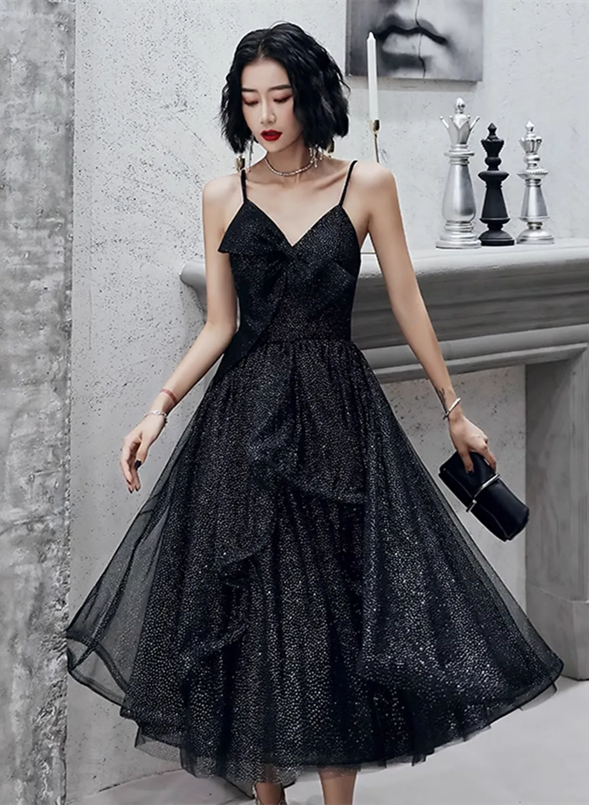 Black Straps Tulle Tea Length Homecoming Dress, Black Short Prom Dress