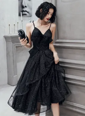 Black Straps Tulle Tea Length Homecoming Dress, Black Short Prom Dress