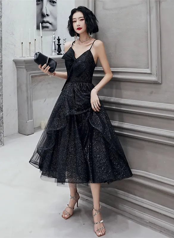 Black Straps Tulle Tea Length Homecoming Dress, Black Short Prom Dress