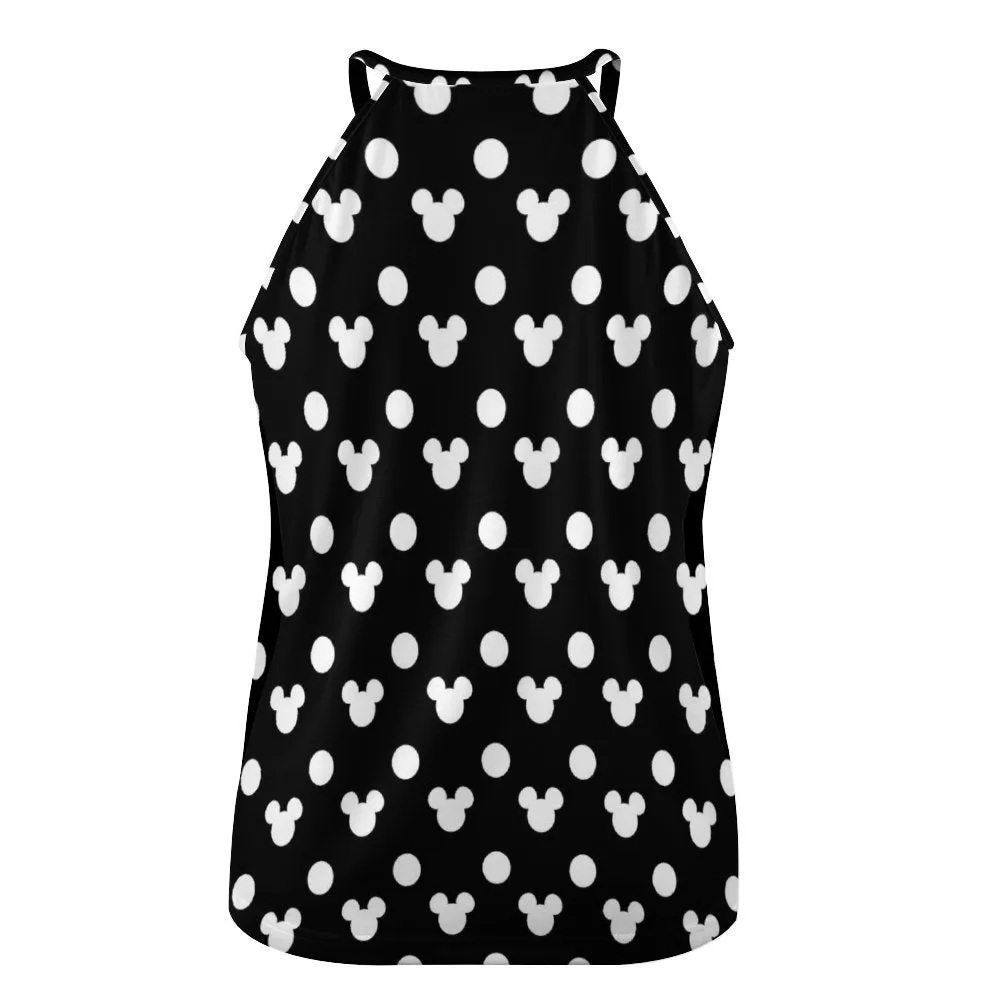 Black With White Mickey Polka Dots Women's Round-Neck Vest Tank Top