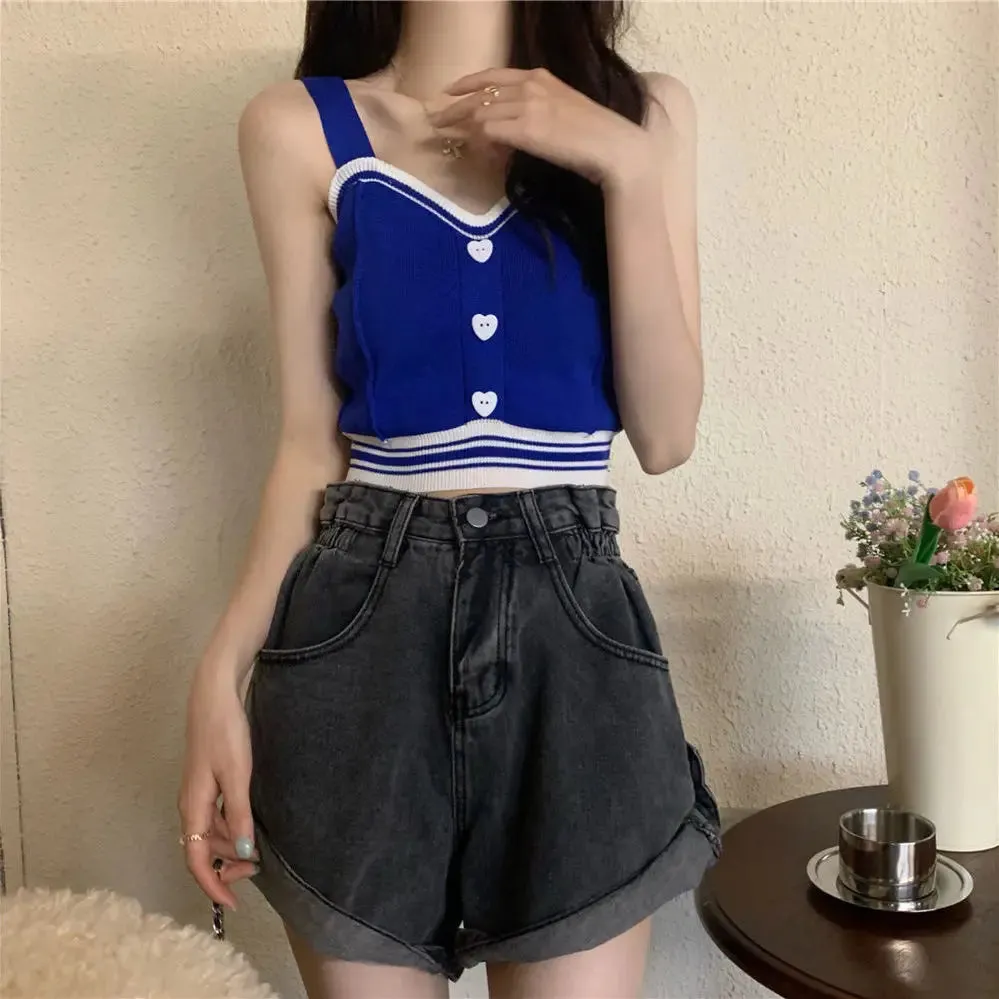 Bonnyshow  Tank Tops Women Summer Fashion  Y2K Cute Korean Knitted Love Button Tight Casual Vest Blue Crop Top Green Camisole Female