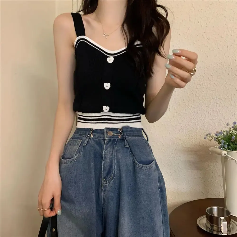 Bonnyshow  Tank Tops Women Summer Fashion  Y2K Cute Korean Knitted Love Button Tight Casual Vest Blue Crop Top Green Camisole Female