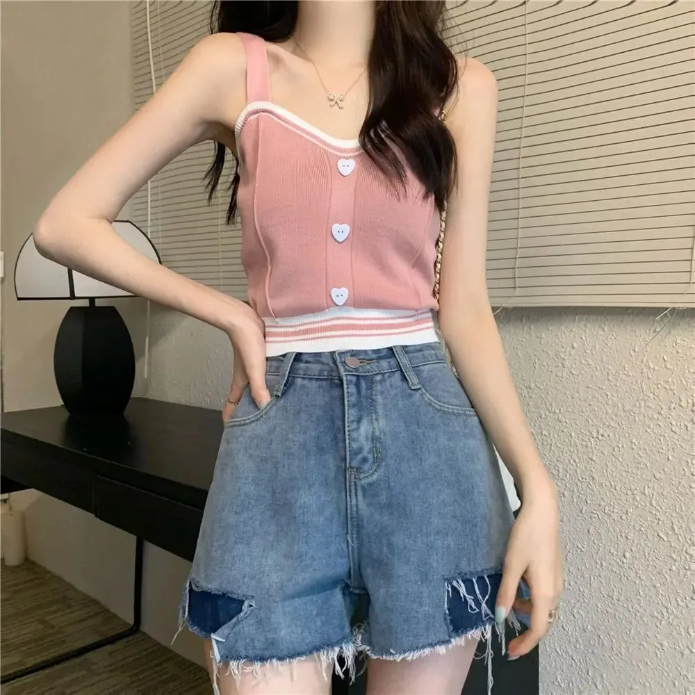 Bonnyshow  Tank Tops Women Summer Fashion  Y2K Cute Korean Knitted Love Button Tight Casual Vest Blue Crop Top Green Camisole Female