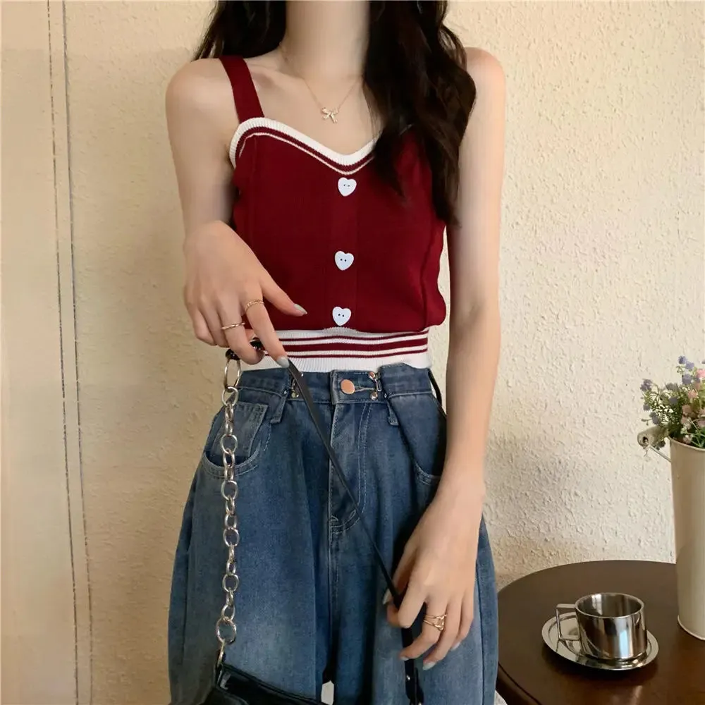 Bonnyshow  Tank Tops Women Summer Fashion  Y2K Cute Korean Knitted Love Button Tight Casual Vest Blue Crop Top Green Camisole Female