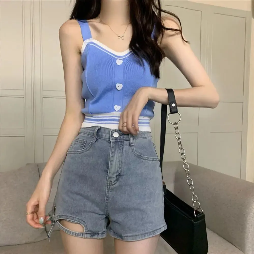 Bonnyshow  Tank Tops Women Summer Fashion  Y2K Cute Korean Knitted Love Button Tight Casual Vest Blue Crop Top Green Camisole Female