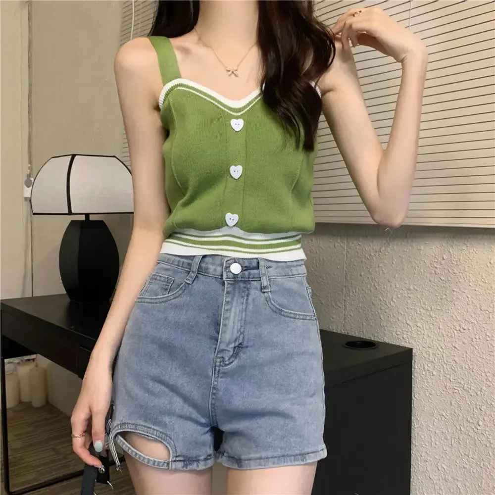 Bonnyshow  Tank Tops Women Summer Fashion  Y2K Cute Korean Knitted Love Button Tight Casual Vest Blue Crop Top Green Camisole Female