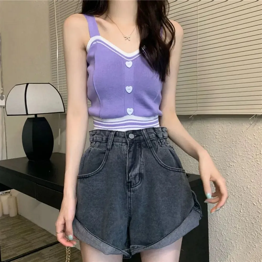 Bonnyshow  Tank Tops Women Summer Fashion  Y2K Cute Korean Knitted Love Button Tight Casual Vest Blue Crop Top Green Camisole Female