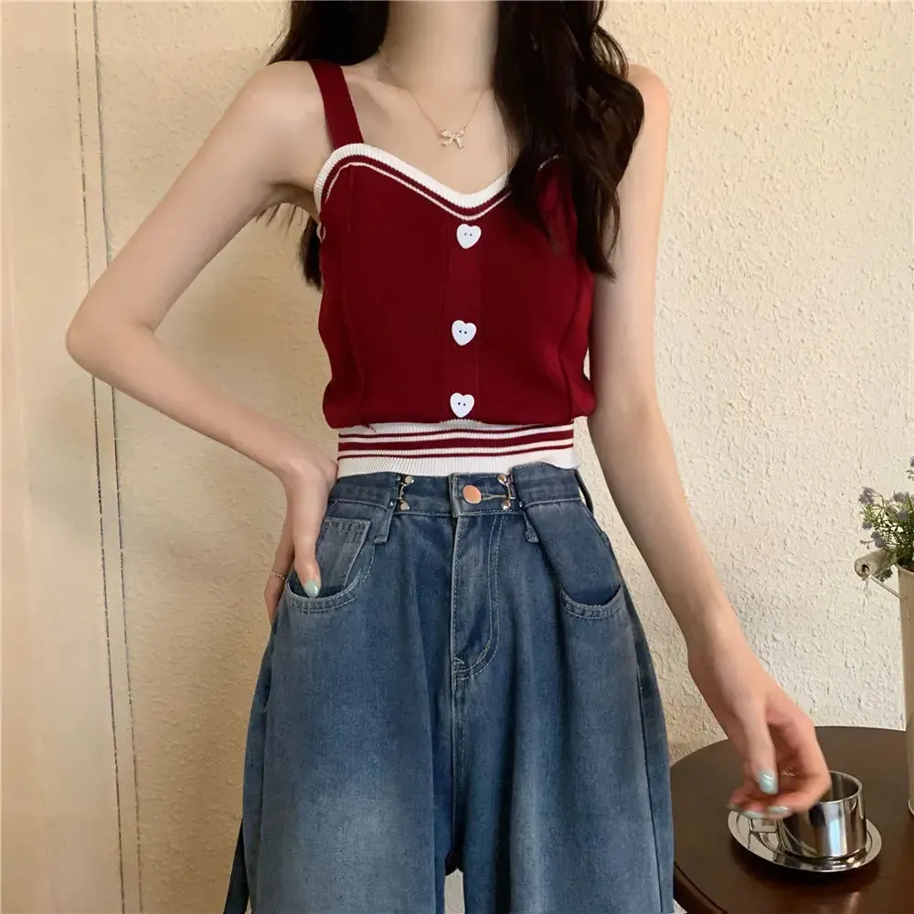 Bonnyshow  Tank Tops Women Summer Fashion  Y2K Cute Korean Knitted Love Button Tight Casual Vest Blue Crop Top Green Camisole Female