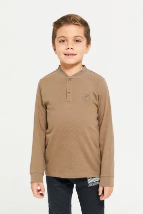 Boys Brown Popcorn Knit Long Sleeve Henley T-Shirt