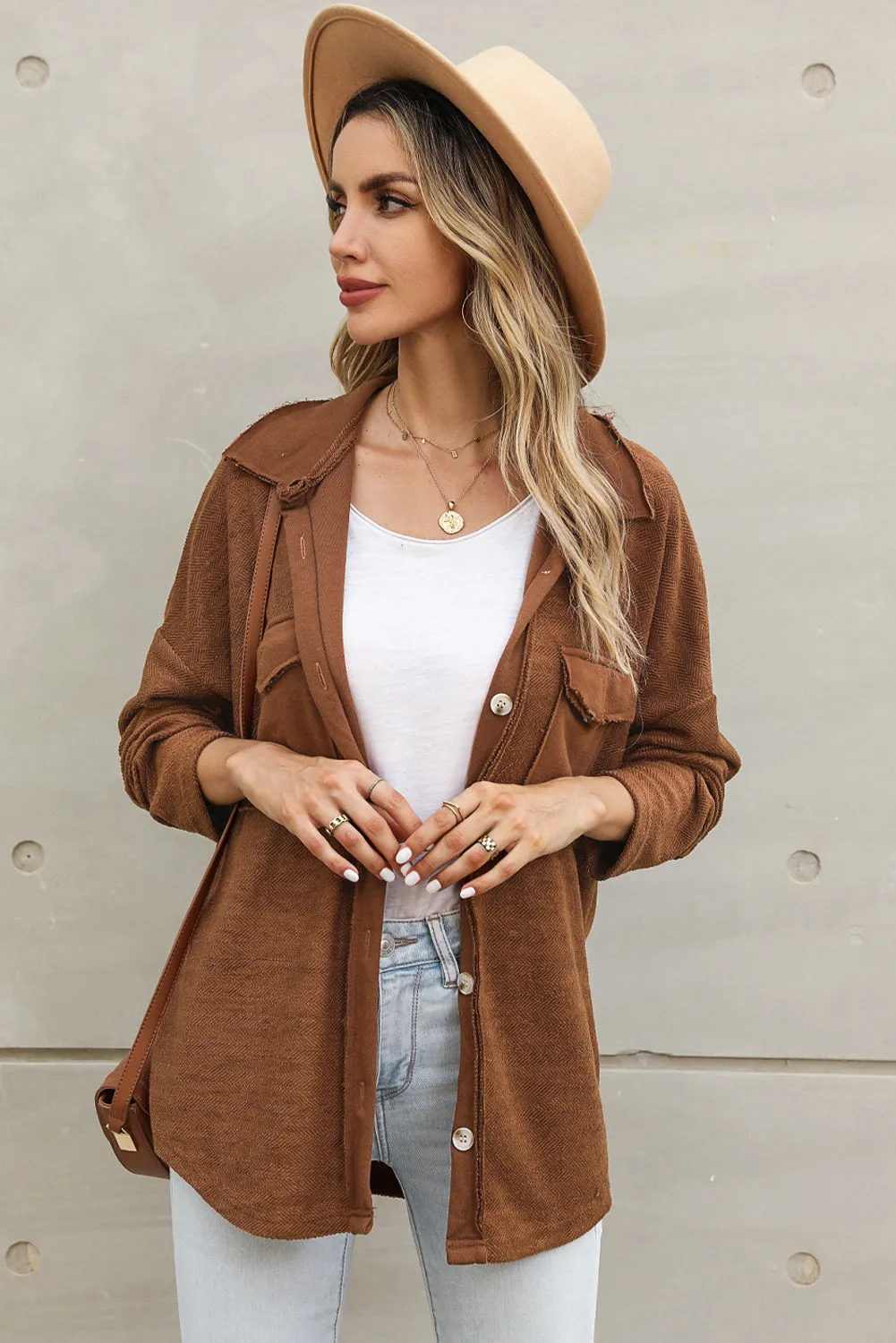 Brown Contrast Flap Pockets Relaxed Shacket