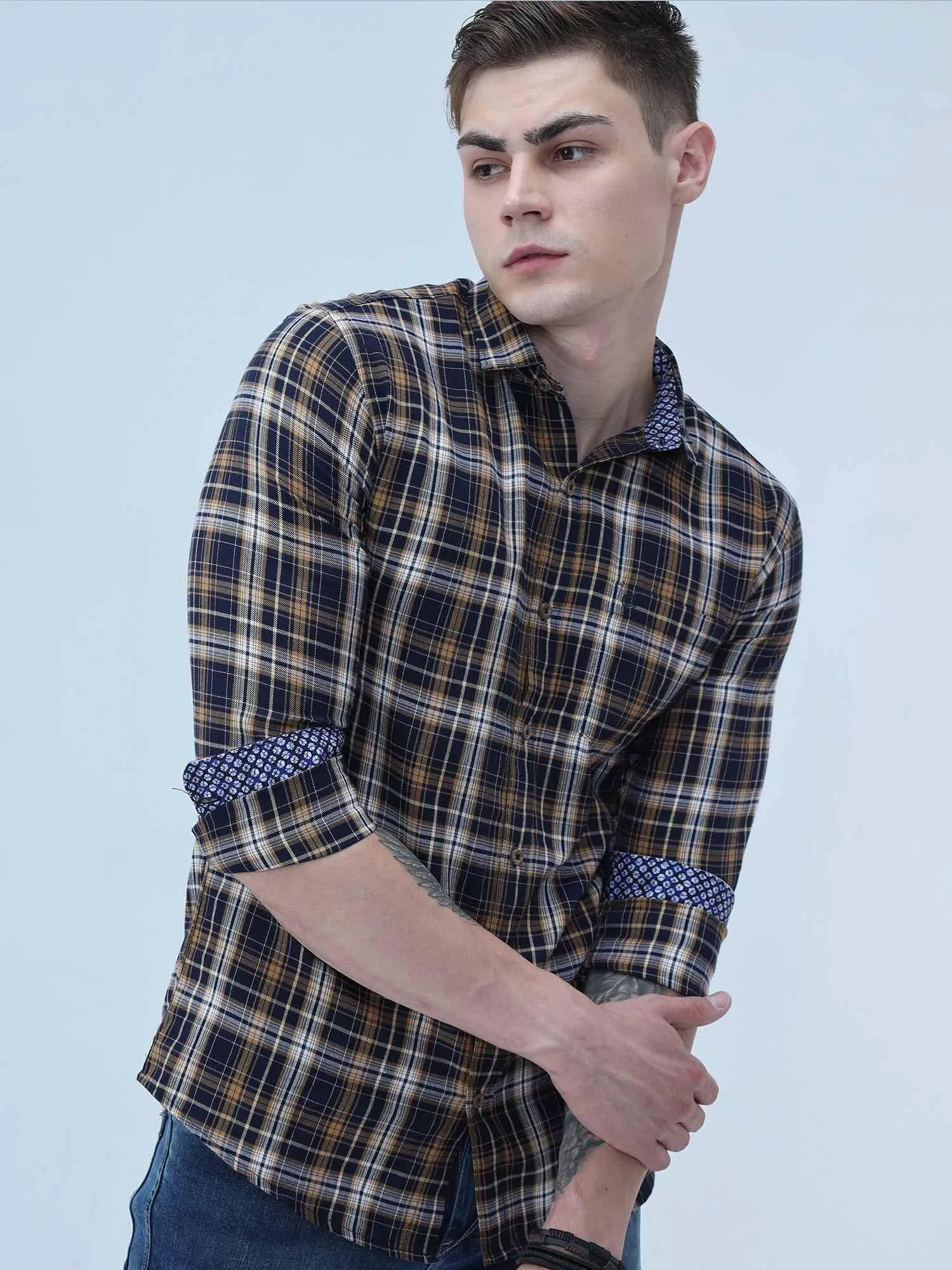 Brown on White Checkered Cotton Full Shirt