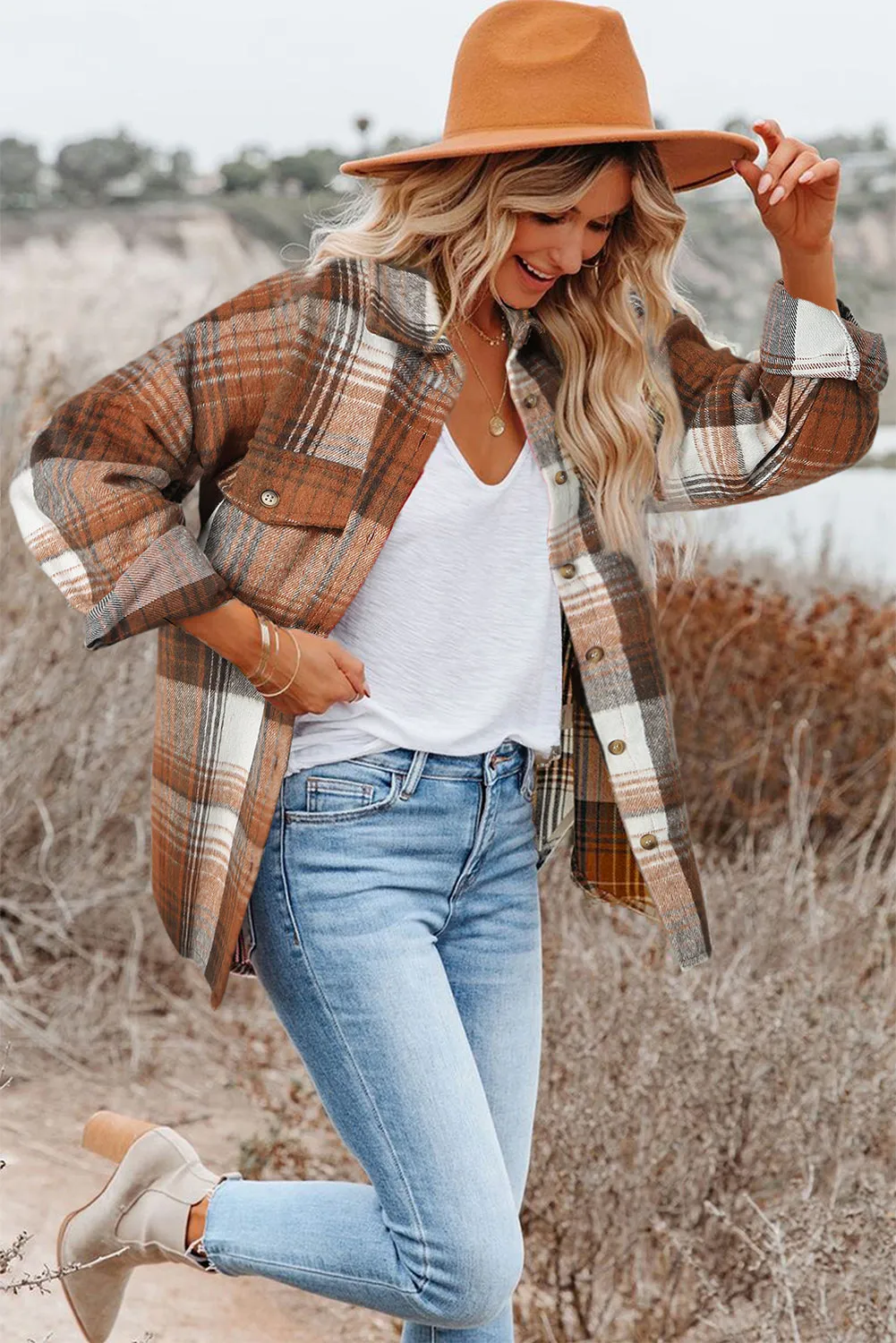 Brown Plaid Flap Pockets Shacket